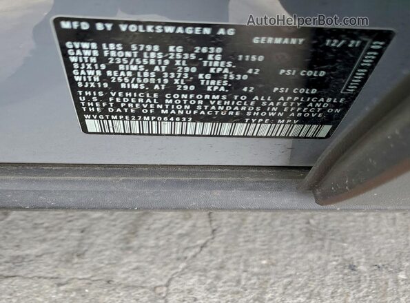 WVGTMPE27MP064632 2021 VOLKSWAGEN ID.4 Gray Widok naklejki z numerem VIN