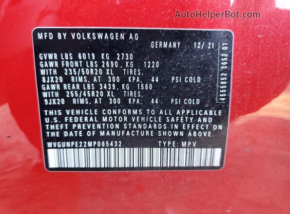 WVGUNPE22MP065432 2021 VOLKSWAGEN ID.4 Red VIN կոդի պիտակի տեսք