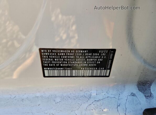WVW987CD6NW173601 2022 VOLKSWAGEN GTI White Widok naklejki z numerem VIN