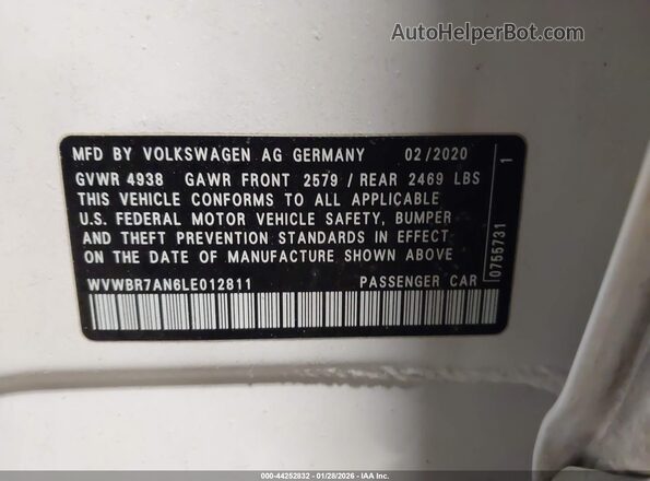 WVWBR7AN6LE012811 2020 VOLKSWAGEN ARTEON Белый Вид подкапотного пространства