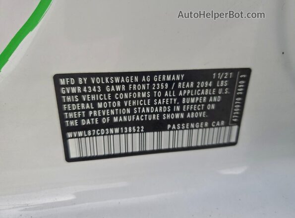 WVWL87CD3NW138522 2022 VOLKSWAGEN GTI White ძრავის განყოფილების ხედი