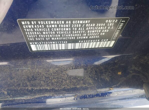 WVWL87CD3NW217740 2022 VOLKSWAGEN GOLF Blue 