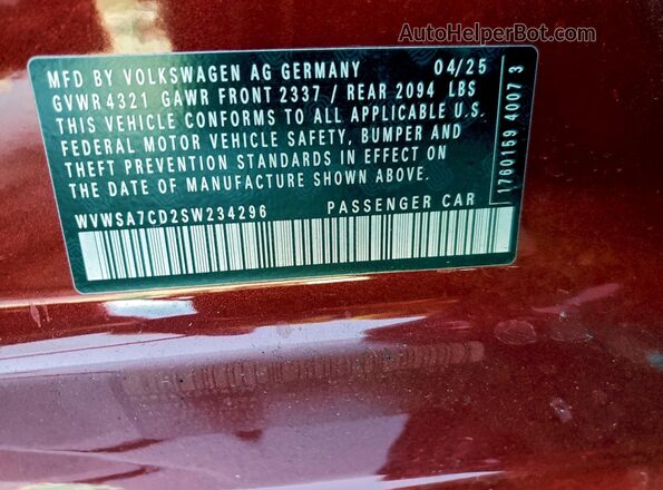 WVWSA7CD2SW234296 2025 VOLKSWAGEN GTI Красный 
