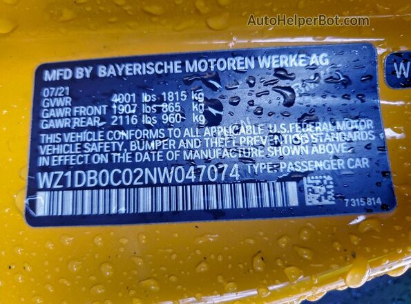 WZ1DB0C02NW047074 2022 TOYOTA SUPRA Yellow 