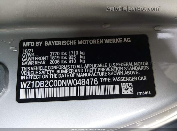 WZ1DB2C00NW048476 2022 TOYOTA GR SUPRA Silver Vista del compartimento del motor