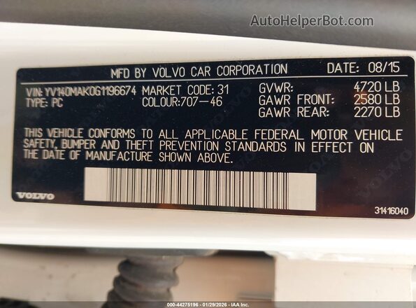 YV140MAK0G1196674 2016 VOLVO S80 Белый 