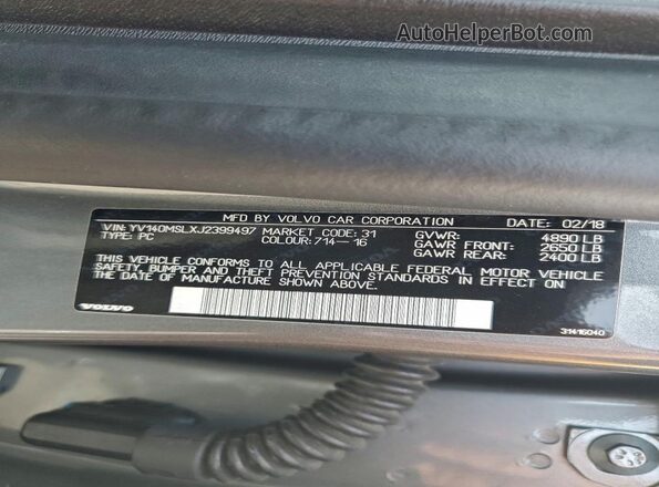 YV140MSLXJ2399497 2018 VOLVO V60 Silver VIN sticker view