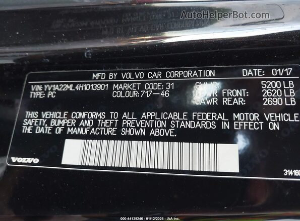 YV1A22ML4H1013901 2017 VOLVO S90 Black VIN կոդի պիտակի տեսք