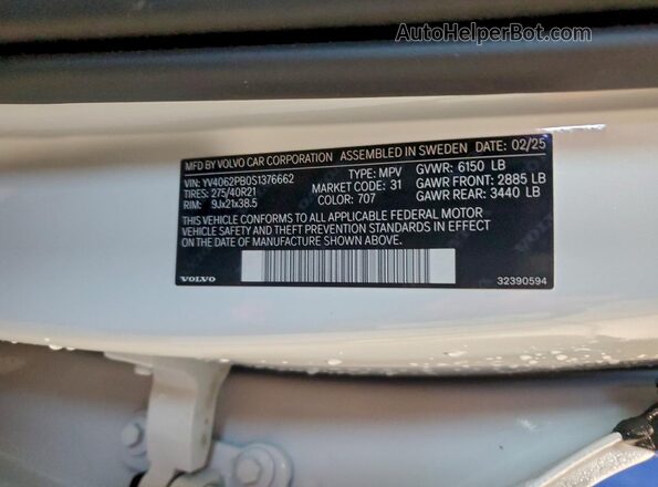YV4062PB0S1376662 2025 VOLVO XC90 White Widok naklejki z numerem VIN