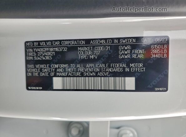 YV4062PF8R1163732 2024 VOLVO XC90 White VIN sticker view