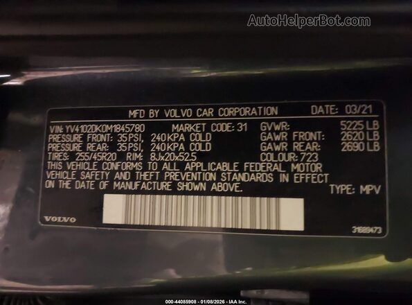 YV4102DK0M1845780 2021 VOLVO XC60 Blue Engine compartment view