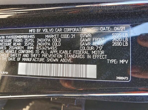 YV4102DM8M1864465 2021 VOLVO XC60 Black VIN კოდის სტიკერის ხედი