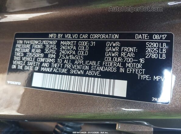 YV4102NK2J1021497 2018 VOLVO V90 CROSS COUNTRY Brown Вид підкапотного простору