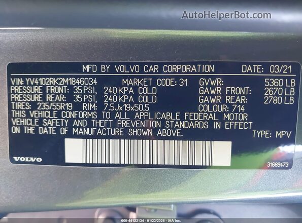 YV4102RK2M1846034 2021 VOLVO XC60 Gray Widok komory silnika