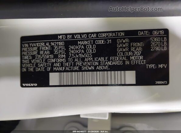 YV4102RL4L1421180 2020 VOLVO XC60 White 