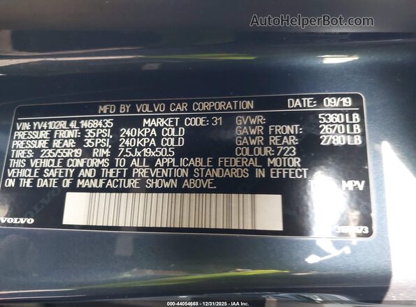 YV4102RL4L1468435 2020 VOLVO XC60 Dark Blue 