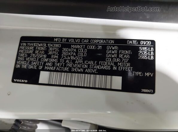YV4102WK9L1043983 2020 VOLVO V60 CROSS COUNTRY White Вид підкапотного простору