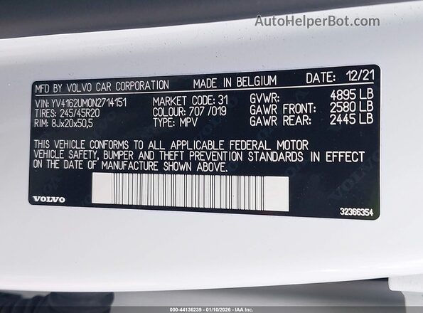 YV4162UM0N2714151 2022 VOLVO XC40 White Вид підкапотного простору