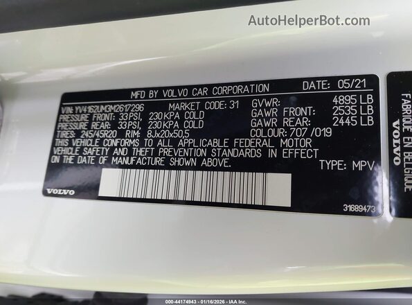 YV4162UM3M2617296 2021 VOLVO XC40 Белый Вид подкапотного пространства