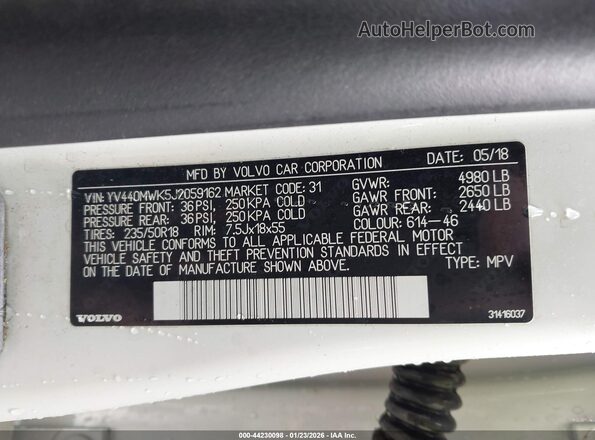 YV440MWK5J2059162 2018 VOLVO V60 CROSS COUNTRY White Շարժիչի բաժամունքի տեսք