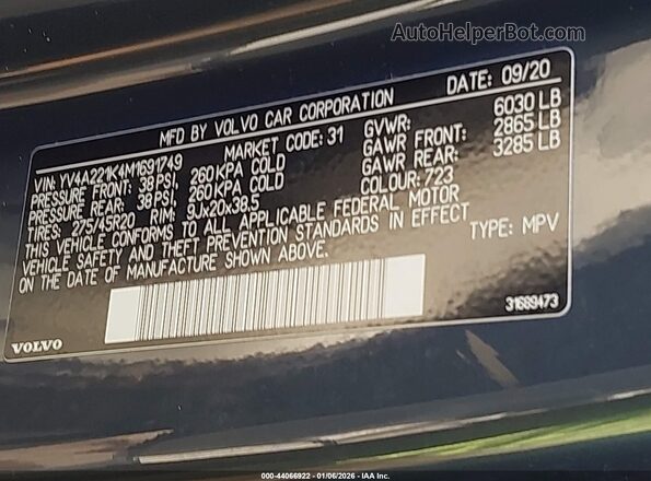 YV4A221K4M1691749 2021 VOLVO XC90 Blue Vista del compartimento del motor