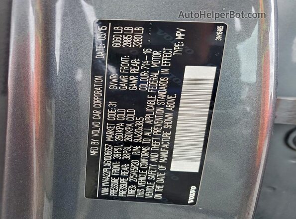 YV4A22PLXG1006657 2016 VOLVO XC90 Silver VIN կոդի պիտակի տեսք