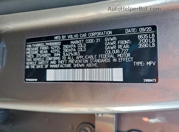 YV4BR0CL7M1689892 2021 VOLVO XC90 Gray VIN կոդի պիտակի տեսք