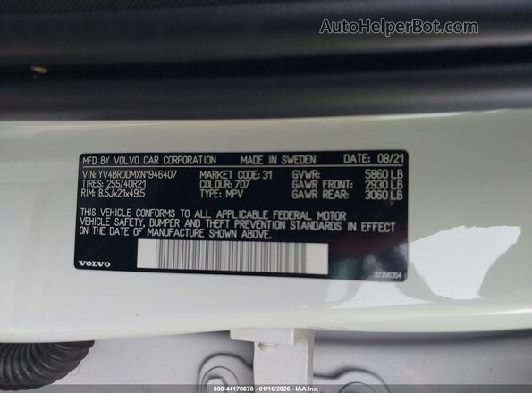 YV4BR0DMXN1946407 2022 VOLVO XC60 RECHARGE PLUG-IN HYBRID White ძრავის განყოფილების ხედი