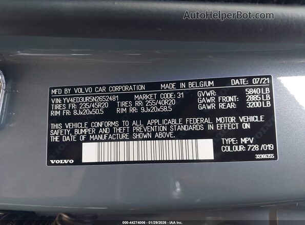 YV4ED3UR5N2652481 2022 VOLVO XC40 RECHARGE PURE ELECTRIC Blue Widok komory silnika