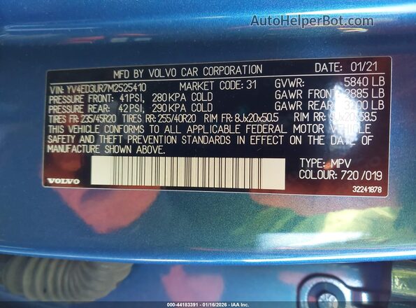 YV4ED3UR7M2525410 2021 VOLVO XC40 RECHARGE PURE ELECTRIC Blue Engine compartment view