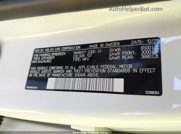 YV4H60CLXN1828224 2022 VOLVO XC90 RECHARGE PLUG-IN HYBRID White Вид підкапотного простору