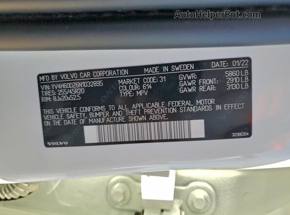 YV4H60DZ6N1032895 2022 VOLVO XC60 White Vista interior de 360 grados