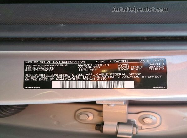 YV4L12RK4N1025816 2022 VOLVO XC60 Silver VIN sticker view