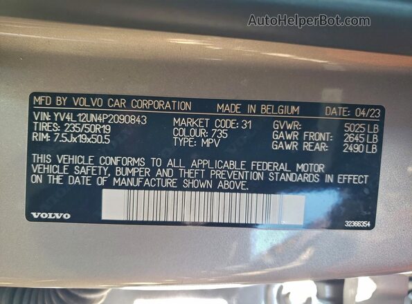 YV4L12UN4P2090843 2023 VOLVO XC40 Silver VIN կոդի պիտակի տեսք