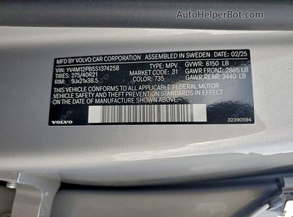 YV4M12PB5S1374258 2025 VOLVO XC90 Silver VIN კოდის სტიკერის ხედი