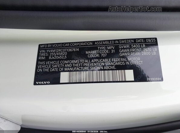 YV4M12RC0T1367614 2026 VOLVO XC60 White Engine compartment view