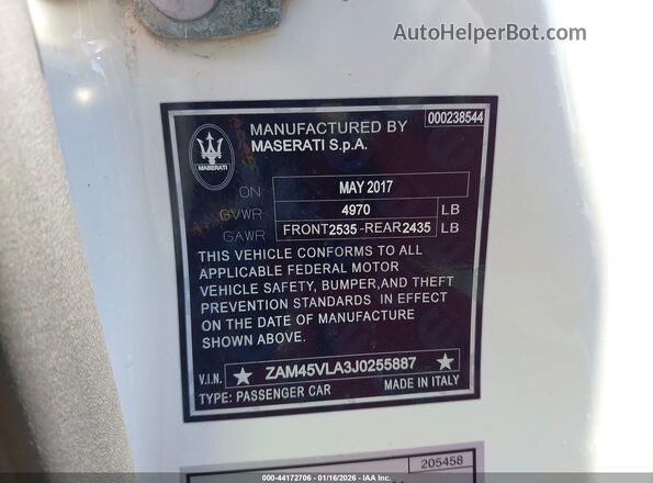 ZAM45VLA3J0255887 2018 MASERATI GRANTURISM White Engine compartment view