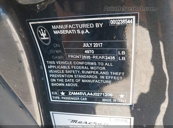 ZAM45VLA4J0271208 2018 MASERATI GRANTURISM Black Engine compartment view