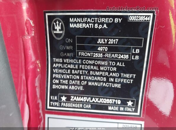 ZAM45VLAXJ0265719 2018 MASERATI GRANTURISM Red Engine compartment view