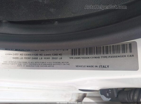 ZAM57XSA5K1319645 2019 MASERATI GHIBLI White Շարժիչի բաժամունքի տեսք