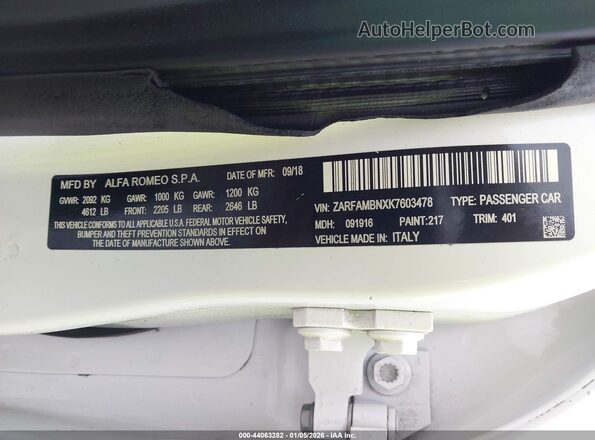ZARFAMBNXK7603478 2019 ALFA ROMEO GIULIA White Շարժիչի բաժամունքի տեսք