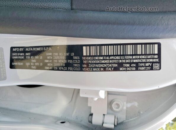 ZASPAKBN2N7D47884 2022 ALFA ROMEO STELVIO White Вид наклейки з VIN-кодом