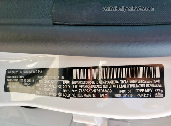 ZASPAKBN7R7D78439 2024 ALFA ROMEO STELVIO White Вид наклейки з VIN-кодом