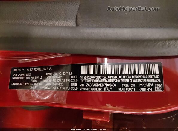 ZASPAKBN9N7D49406 2022 ALFA ROMEO STELVIO Red ძრავის განყოფილების ხედი