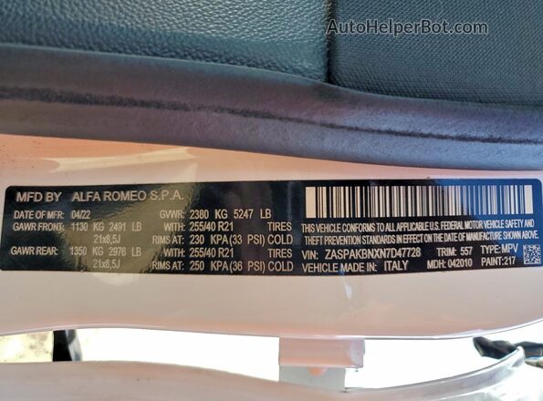 ZASPAKBNXN7D47728 2022 ALFA ROMEO STELVIO White Вид наклейки з VIN-кодом