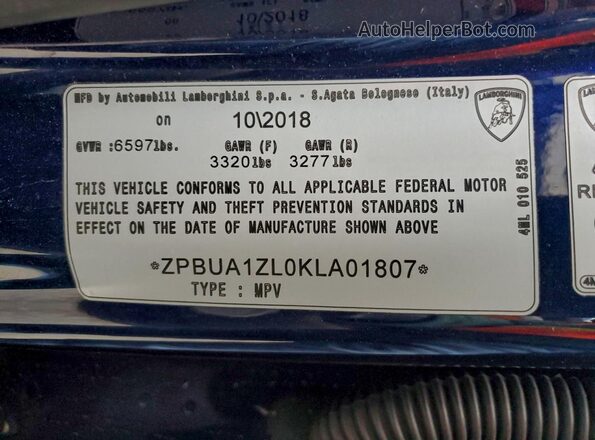 ZPBUA1ZL0KLA01807 2019 LAMBORGHINI URUS Blue 360 interior view