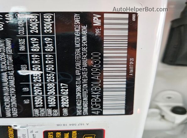 4JGFB4KB0LA096300 2020 MERCEDES-BENZ GLE-CLASS White VIN sticker view