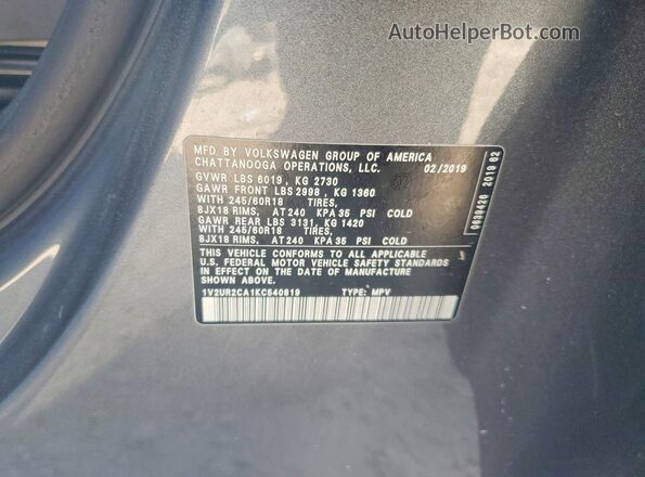 1V2UR2CA1KC540819 2019 VOLKSWAGEN ATLAS Gray 