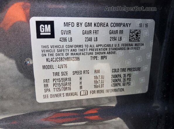 KL4CJCSB2HB043386 2017 BUICK ENCORE Gray Vista de la etiqueta del VIN