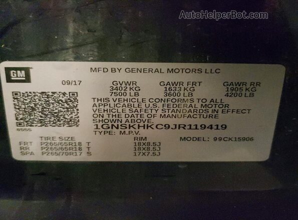 1GNSKHKC9JR119419 2018 CHEVROLET SUBURBAN Black 